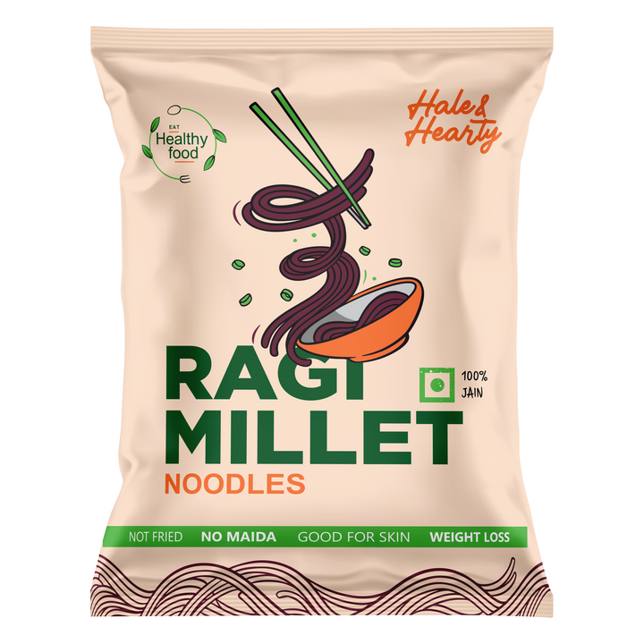 Package of Ragi Millet Noodles with branding and product details on a beige background